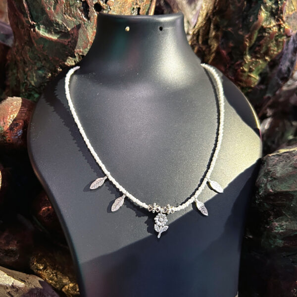 Lightweight Handmade Oxidised Necklace for Daily Wear | White Glass Beads with Flower Pendant | Comfortable & Stylish for Kurti and Tops