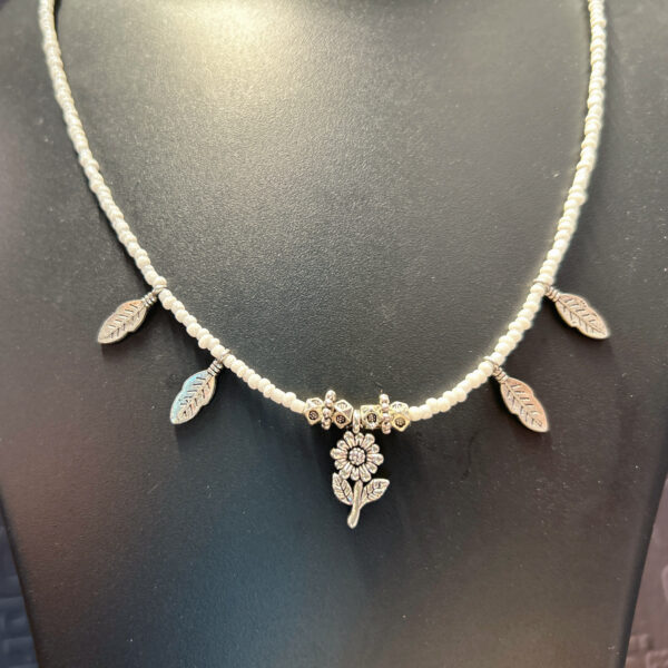 Lightweight Handmade Oxidised Necklace for Daily Wear | White Glass Beads with Flower Pendant | Comfortable & Stylish for Kurti and Tops - Image 2