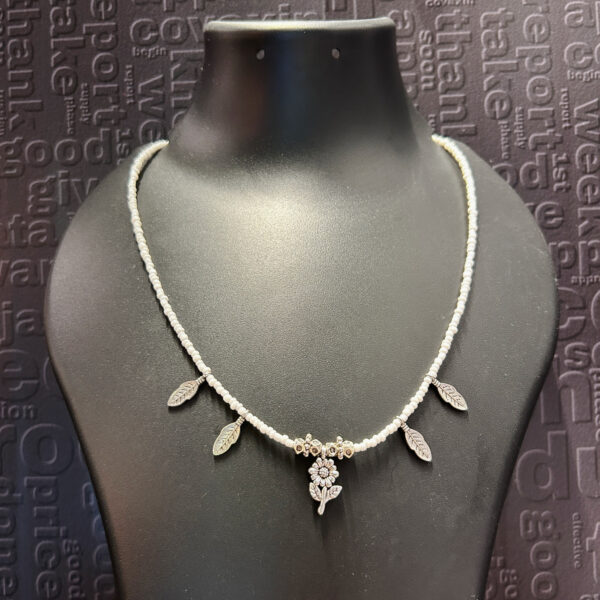 Lightweight Handmade Oxidised Necklace for Daily Wear | White Glass Beads with Flower Pendant | Comfortable & Stylish for Kurti and Tops - Image 3