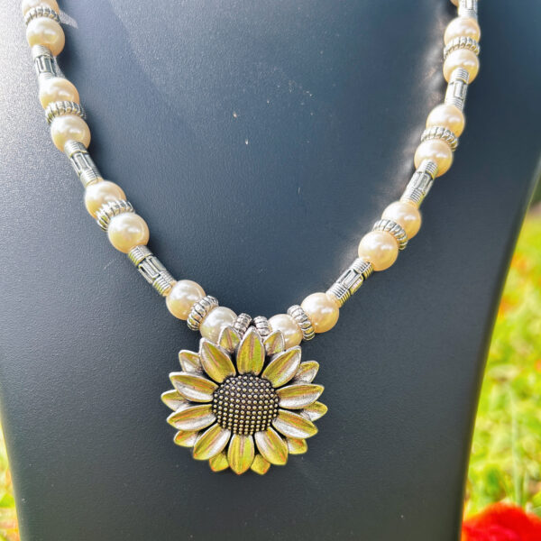 Handcrafted Oxidized Necklace with Sunflower Pendant & White Pearls – Ethnic Boho Jewelry for Women - Image 3