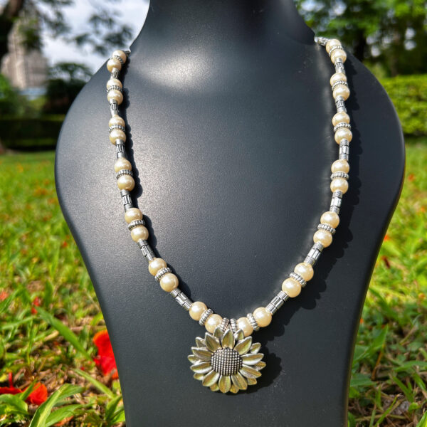 Handcrafted Oxidized Necklace with Sunflower Pendant & White Pearls – Ethnic Boho Jewelry for Women - Image 2