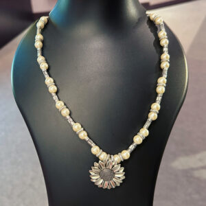 Handcrafted Oxidized Necklace with Sunflower Pendant & White Pearls – Ethnic Boho Jewelry for Women