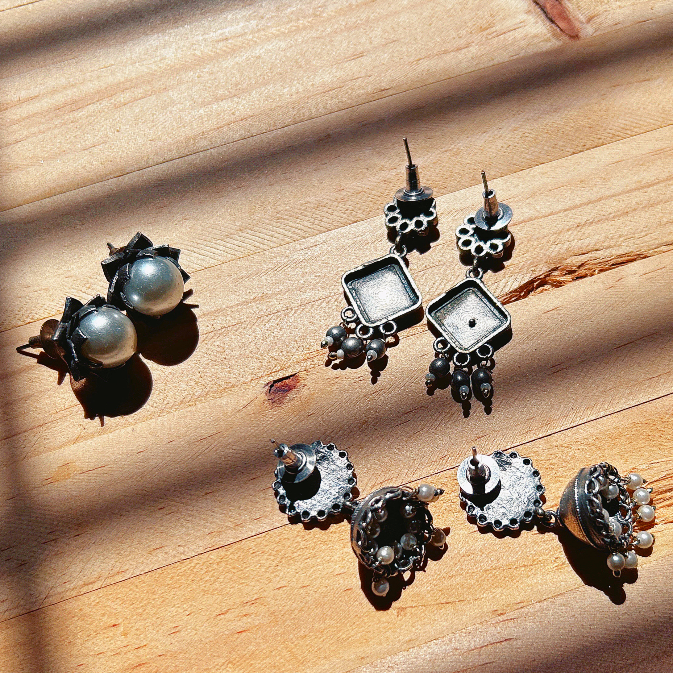 Elegant Silver Replica Earrings Combo – Lightweight Jhumka, Pearl Stud & Beautiful Dangler (Set of 3) - Image 5