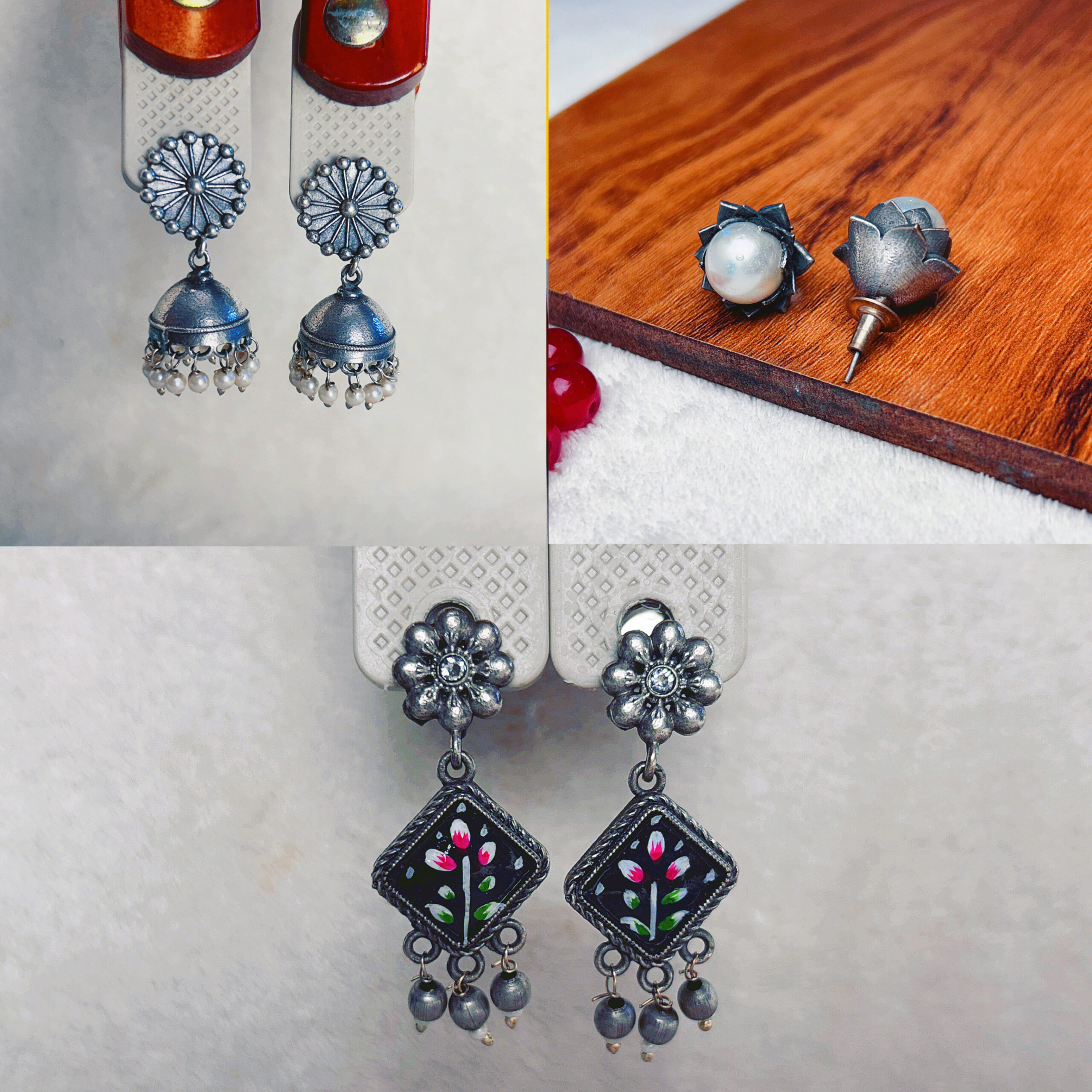 Elegant Silver Replica Earrings Combo – Lightweight Jhumka, Pearl Stud & Beautiful Dangler (Set of 3)