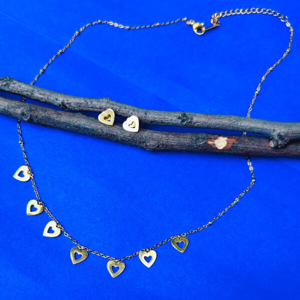 Minimal Heart Charms Jewelry Set | Gold Stainless Steel Necklace & Earrings for Everyday Chic Style