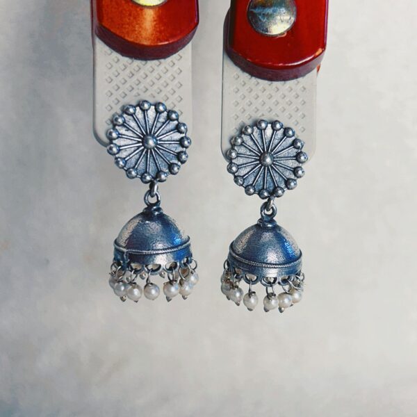 Premium Silver Replica Jhumka Earrings with Pearls | Lightweight & Stylish - Image 2